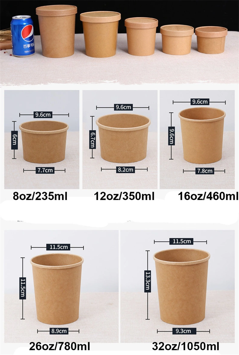 Factory Price Disposable 32oz Kraft Paper Soups Snacks Bowl Take Away Packaging Paper Bucket with Lids Can Be Customized