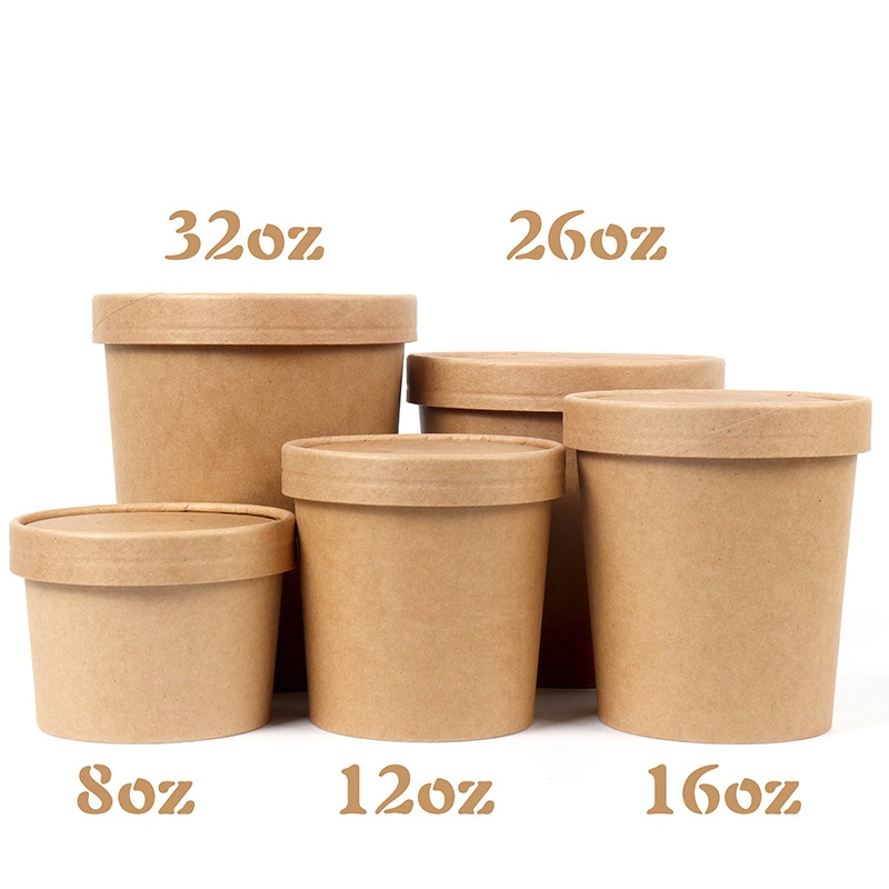 16oz with Paper Lids Eco-Friendly Kraft Paper Packaging Round Salad Paper Bowl Set Hot Soup Cups