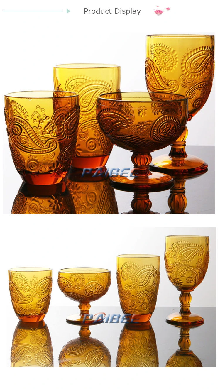 Paibee Solid Color Short-Stemmed Glass Vitange Antiquated Embossed Glass Drinking Cup