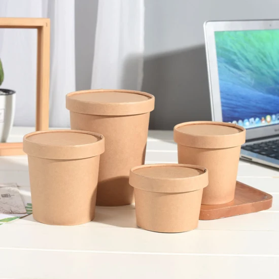 16oz with Paper Lids Eco-Friendly Kraft Paper Packaging Round Salad Paper Bowl Set Hot Soup Cups