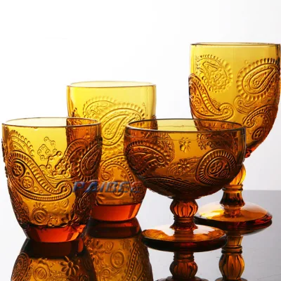 Paibee Solid Color Short-Stemmed Glass Vitange Antiquated Embossed Glass Drinking Cup