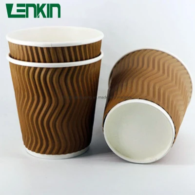 Custom Embossed Double Ripple Wall Paper Coffee Cup with Lid