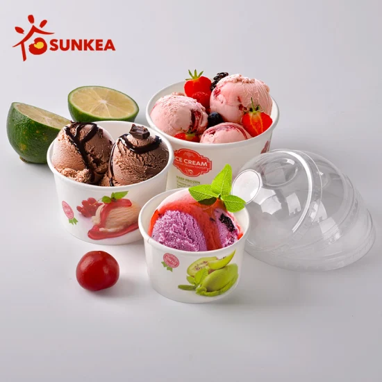 Disposable Customized Printed Paper Tubs for Ice Cream Packaging Cup with Plastic Lid